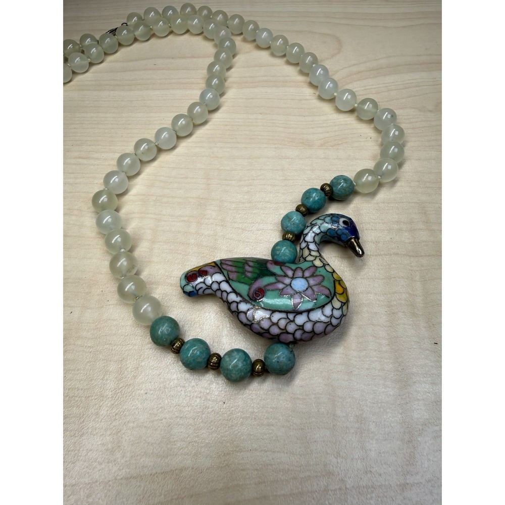VTG Chinese jade? Cloisonne Brass Enamel Goodluck Goose Bird‎ Pendant Necklace - Picture 9 of 16